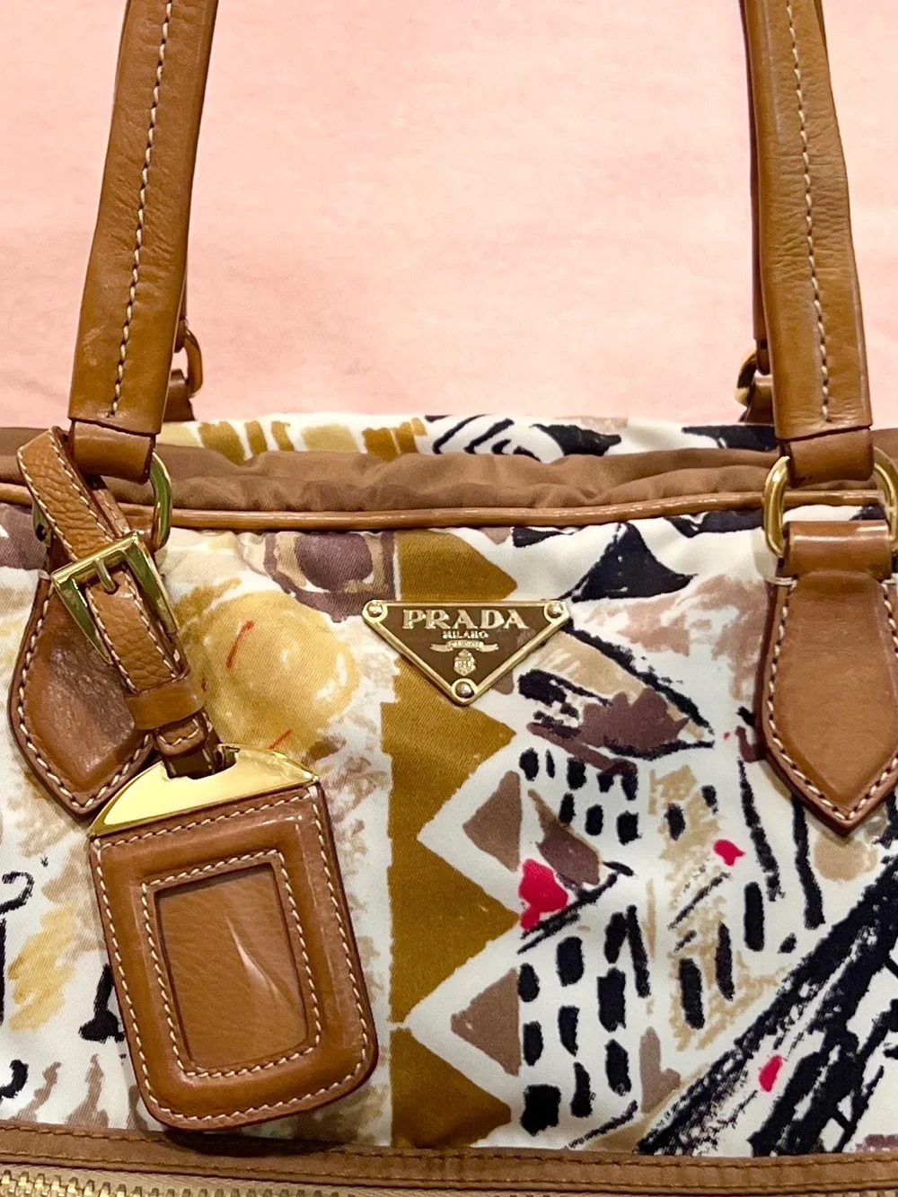 PRADA⭐️Bauletto! Multicolor Shoulder Bag with Brown Leather Trim. Offers!❤️